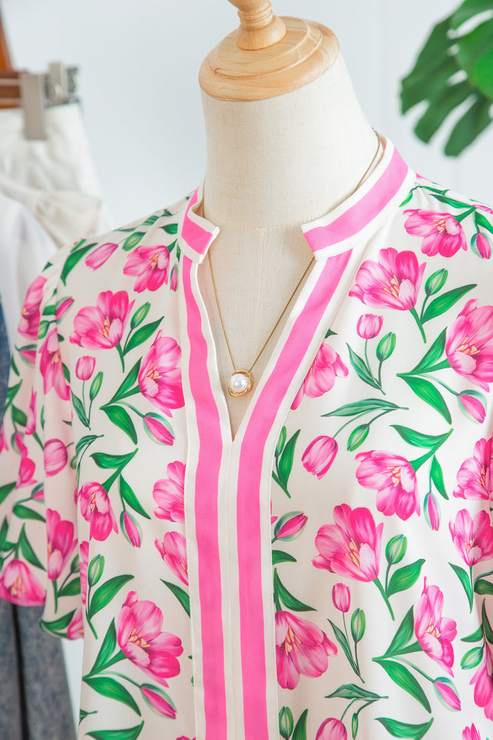 Multicolour Sweet Floral Print Striped Color Block Trim Short Dress