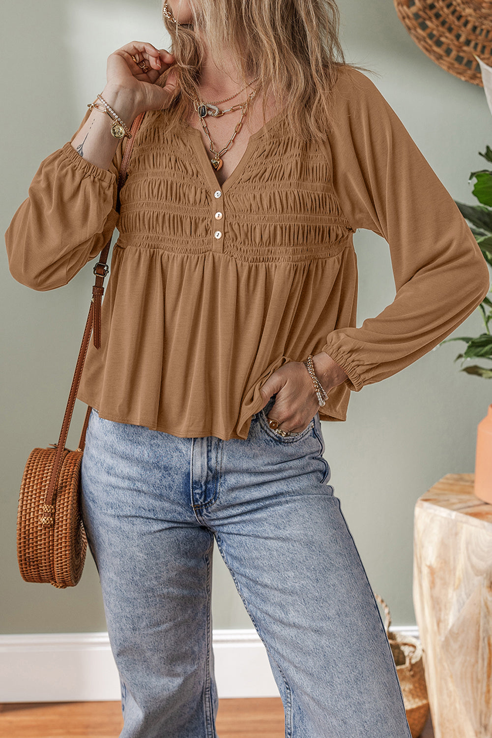 Smocked Bust Buttoned Split V Neck Flow Fit Blouse