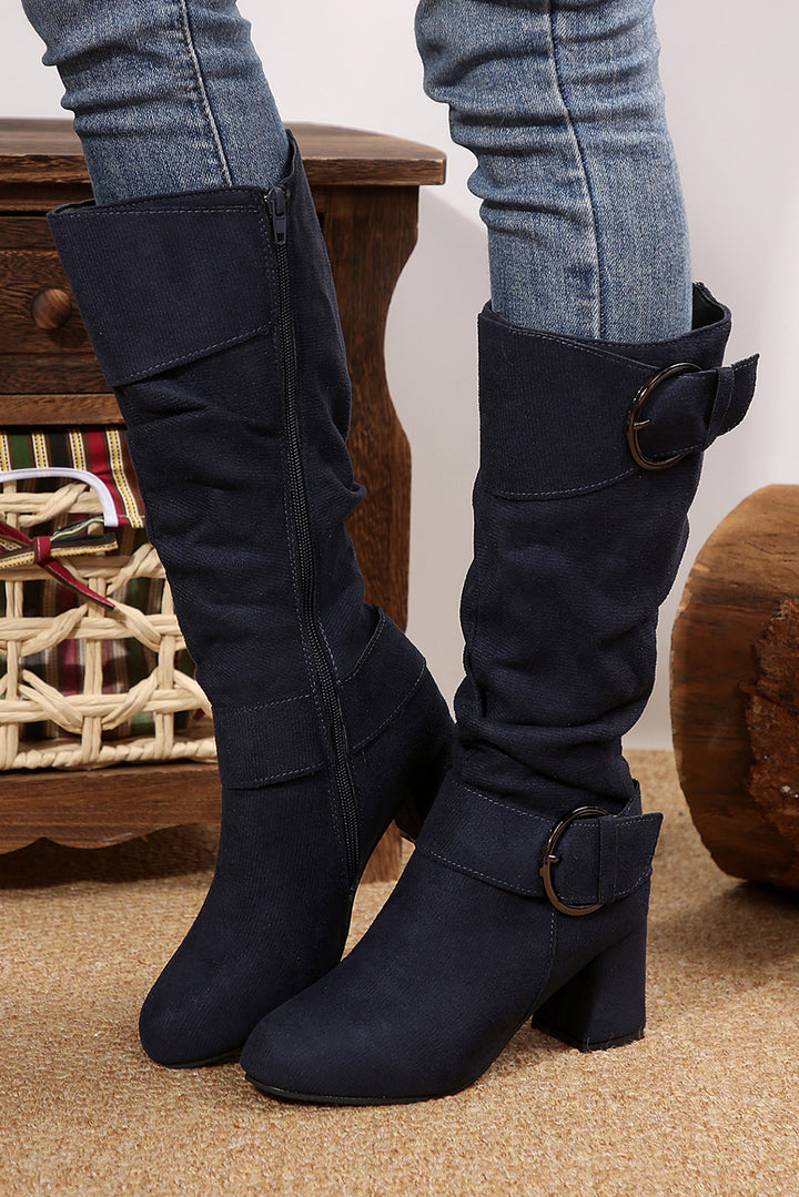 Suede Double Buckled Side Zipped Mid-calf Boots