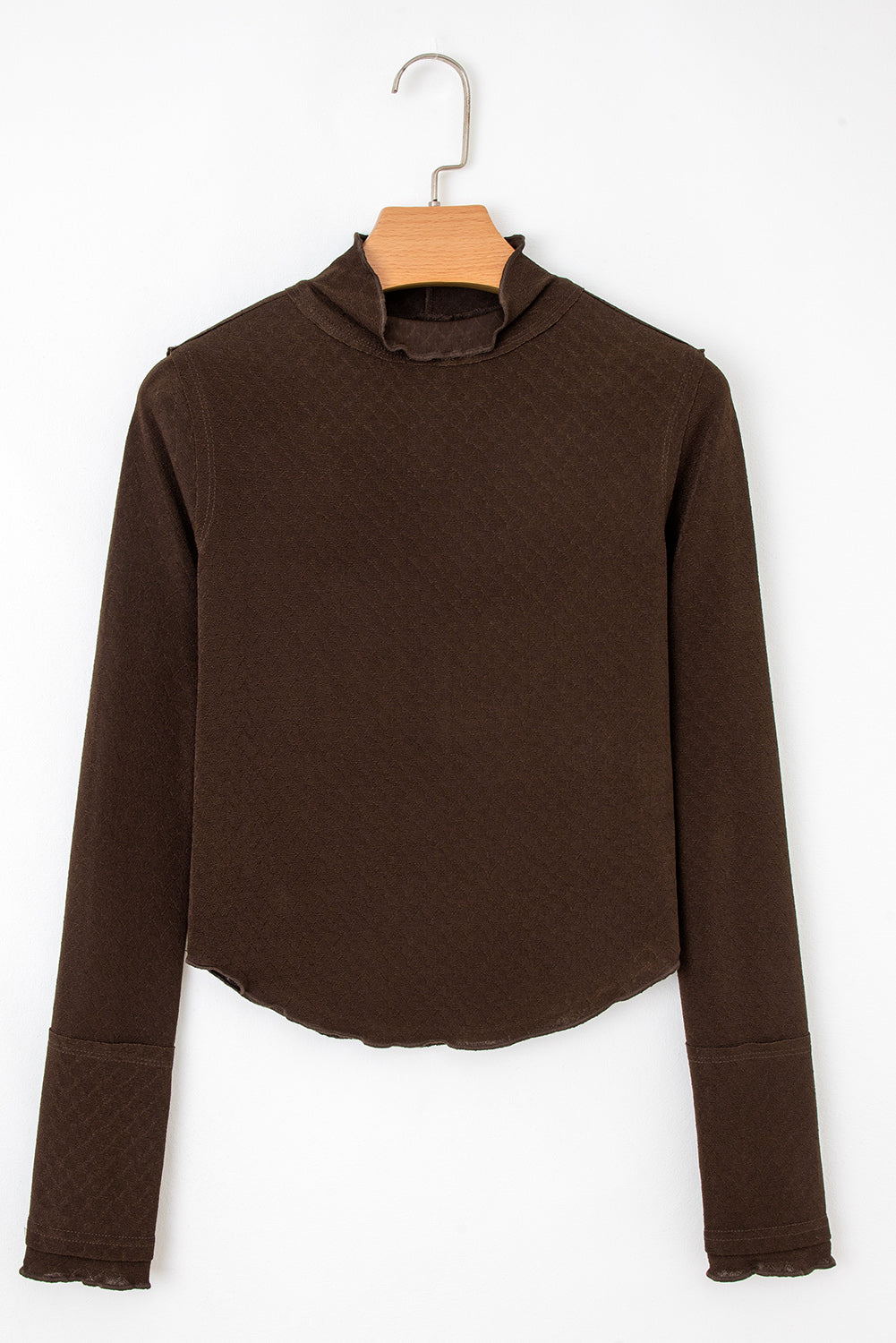 Cinnamon Lettuce Trim Raw Seam Jacquard Long Sleeve Top