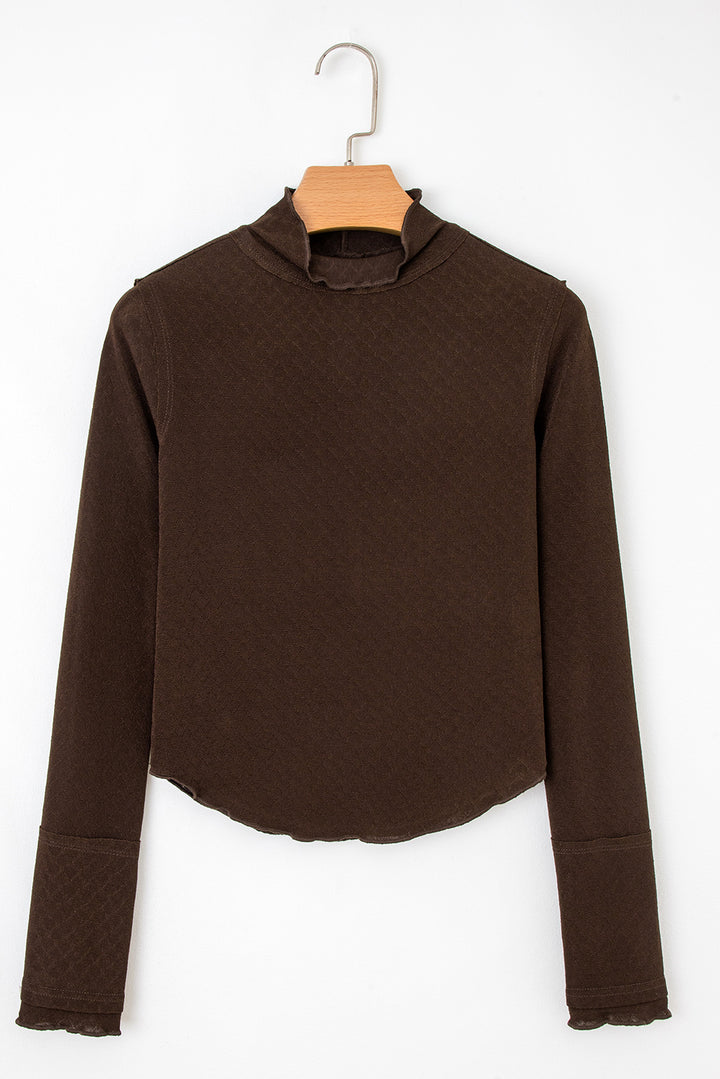 Cinnamon Lettuce Trim Raw Seam Jacquard Long Sleeve Top