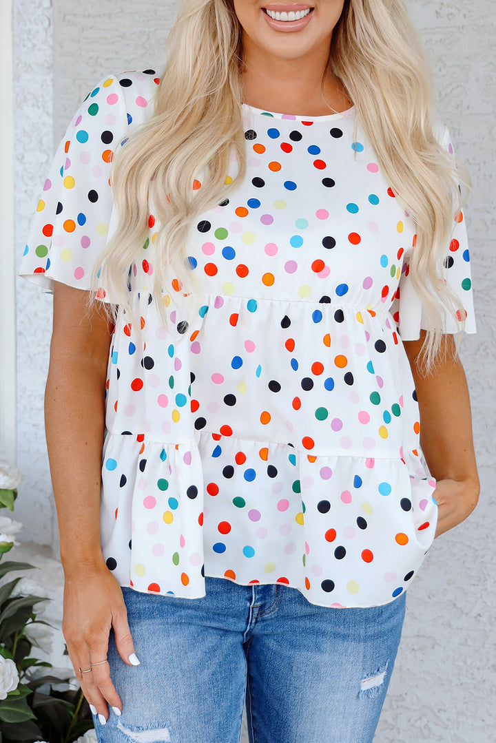 Colorful Polka Dot Short Sleeve Tiered Ruffled Babydoll Blouse