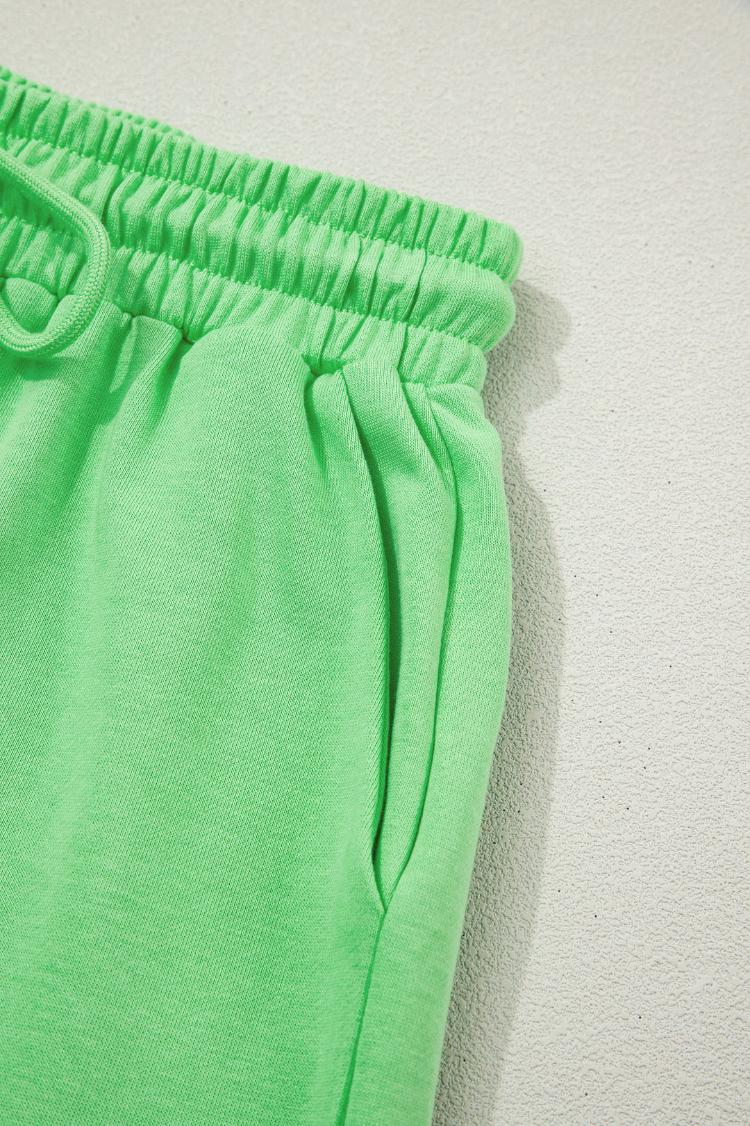Green Solid Color Puffy Loose Top Drawstring Shorts 2pcs Outfit