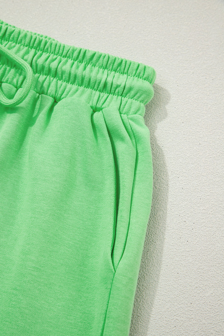 Green Solid Color Puffy Loose Top Drawstring Shorts 2pcs Outfit