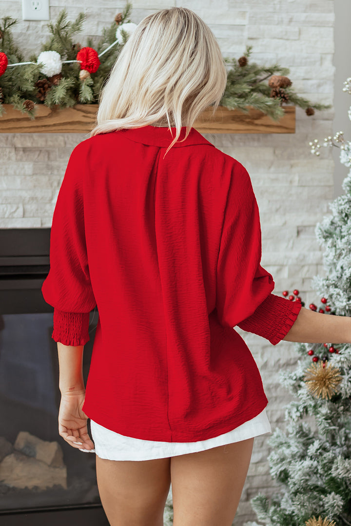 V Neck Collared Shirred 3/4 Sleeve Oversized Tunic Top