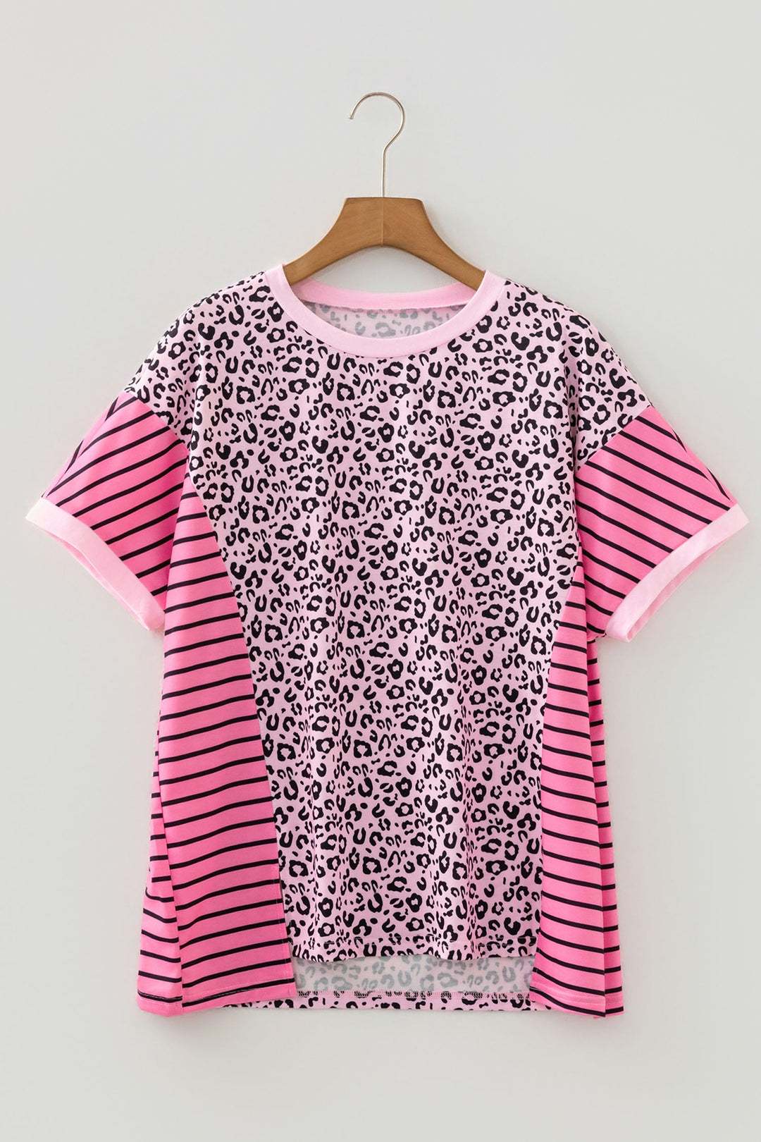 Pink Leopard Striped Contrast Patchwork Plus Size Tee