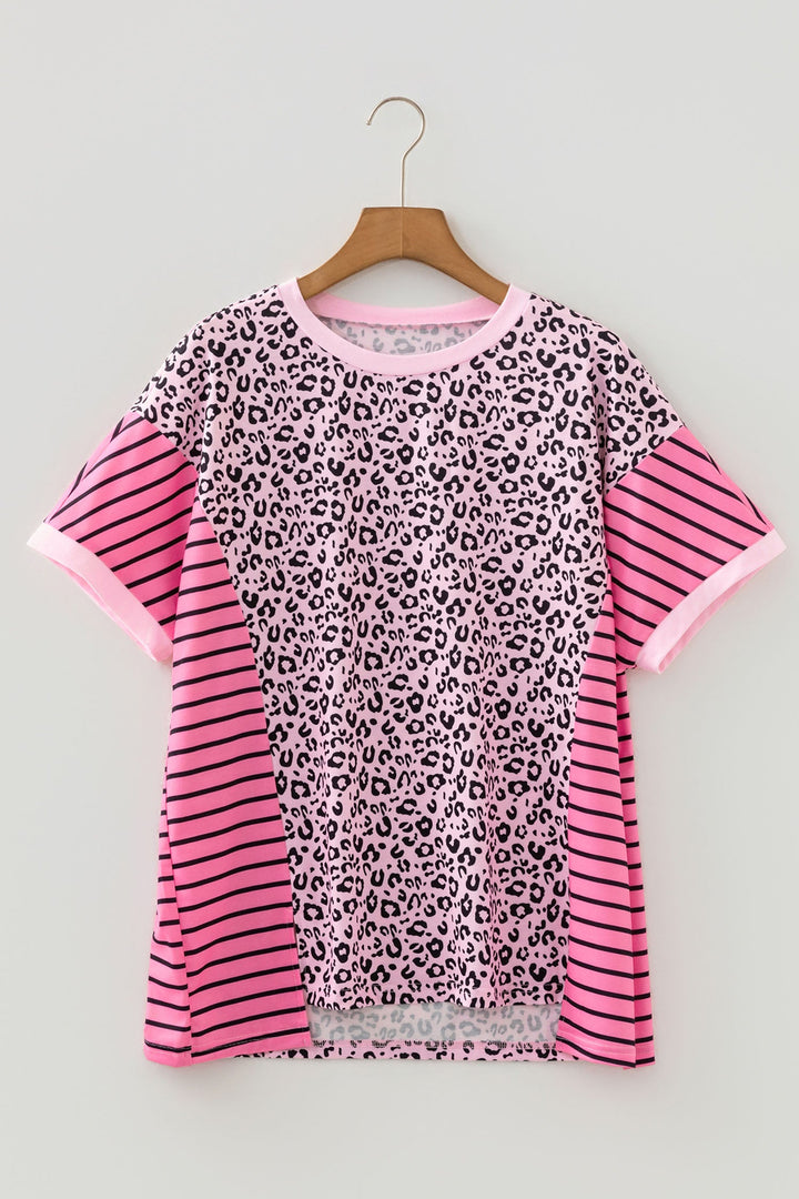 Pink Leopard Striped Contrast Patchwork Plus Size Tee