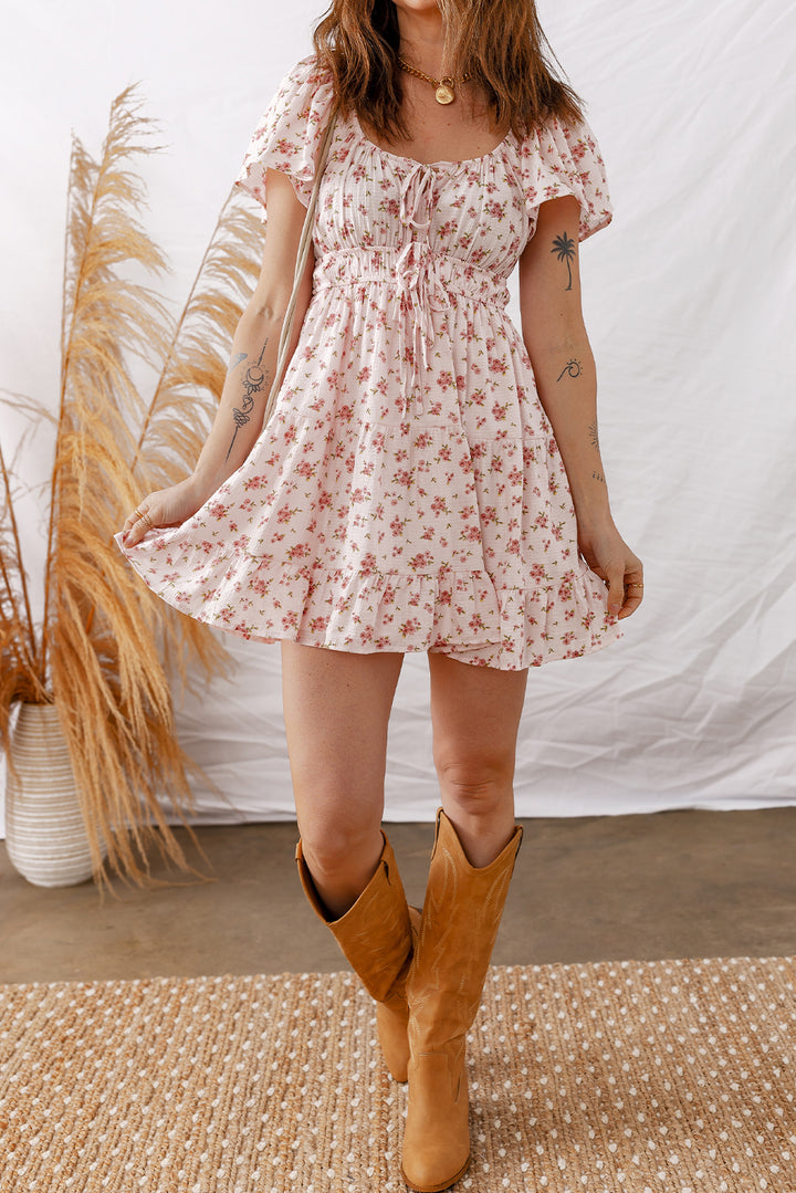 Front Tie Shirred Waist Short Sleeve Ruffled Floral Mini Dress