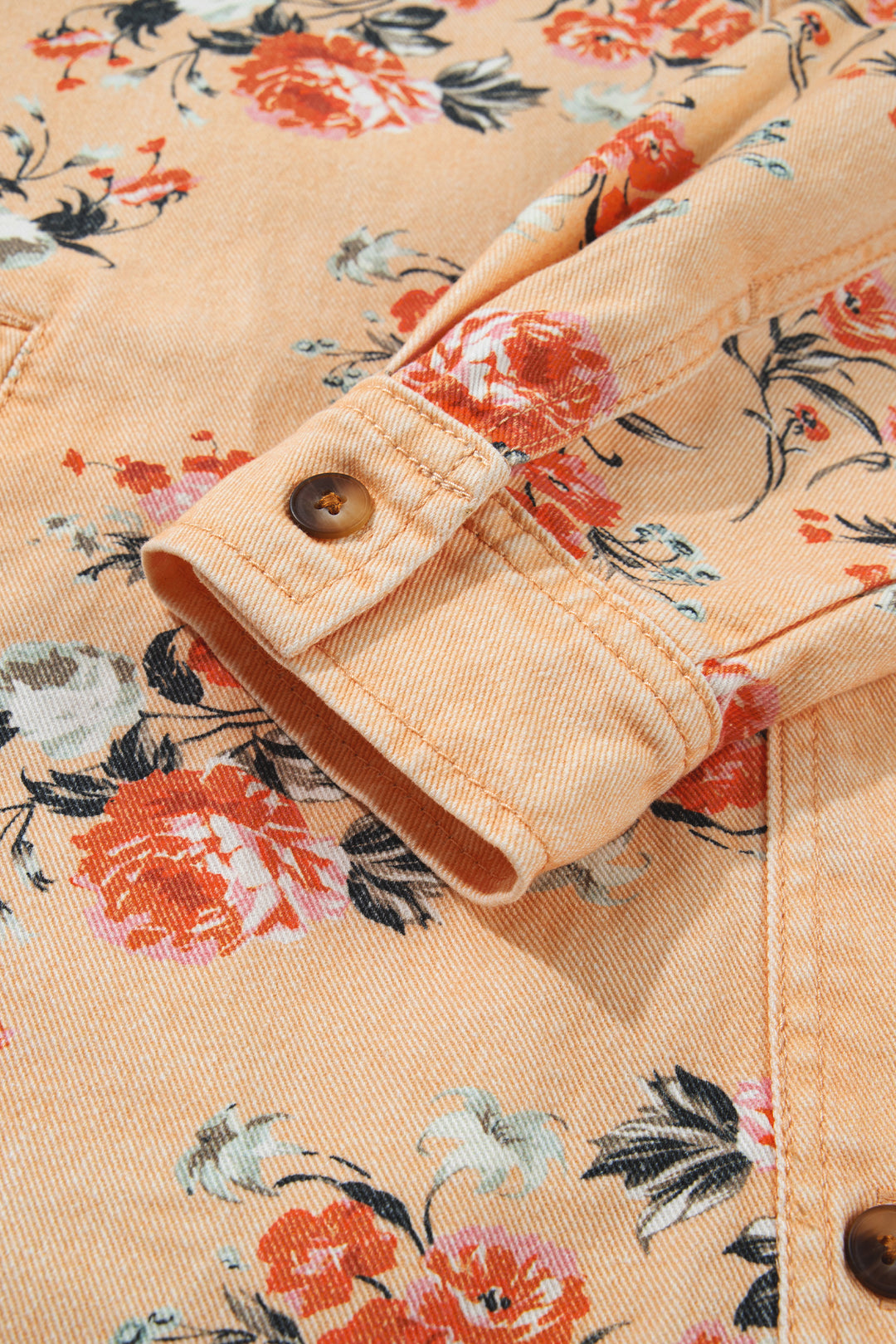 Khaki Floral Print Denim Jacket Shift Silhouette Tunic Length Casual Daily Wear