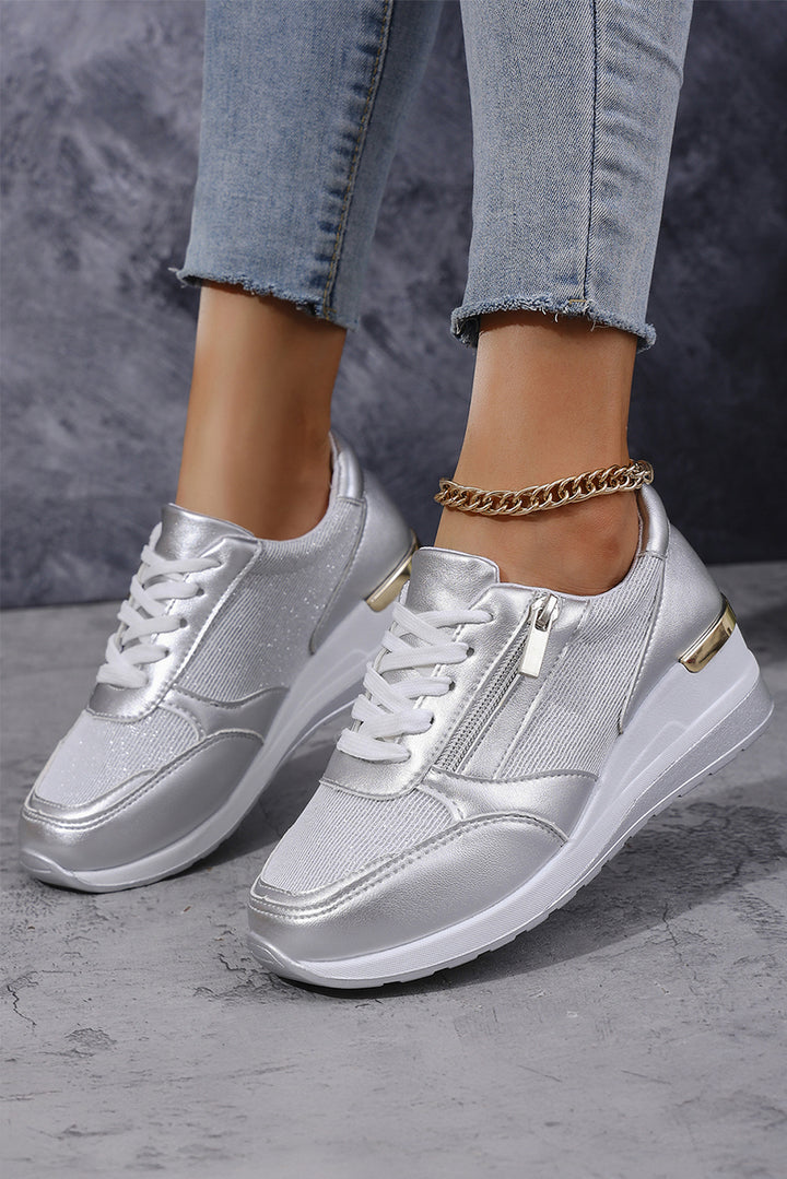Schnür-Sneakers aus PU-Leder mit Patchwork-Reißverschluss