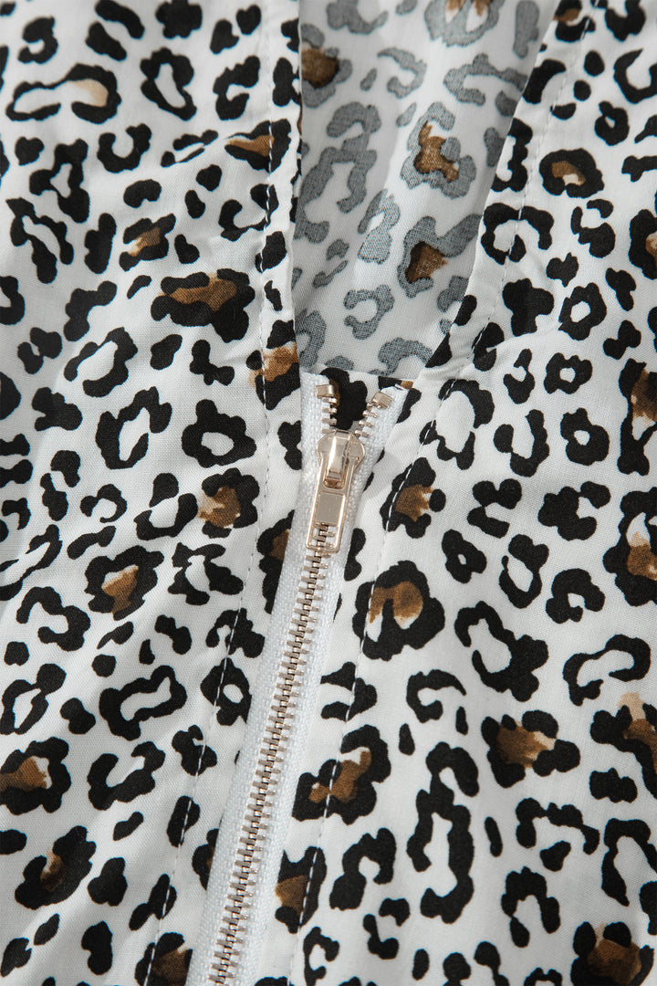 Beige Leopard Zip Front V Neck Cinched Waist Sleeveless Maxi Dress