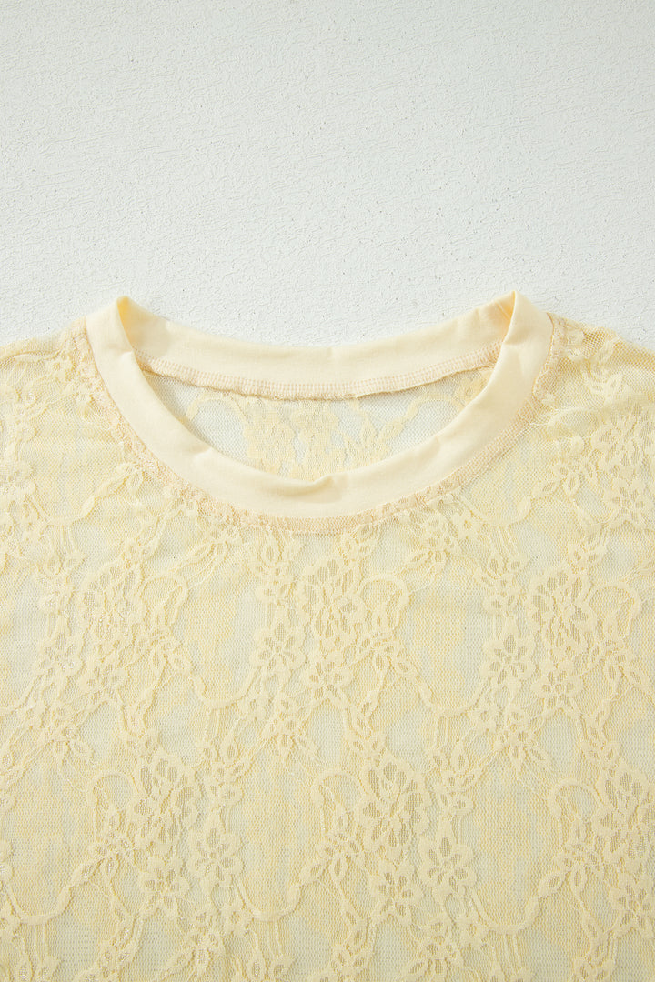 Yellow Cream Sheer Floral Lace Boxy Tee