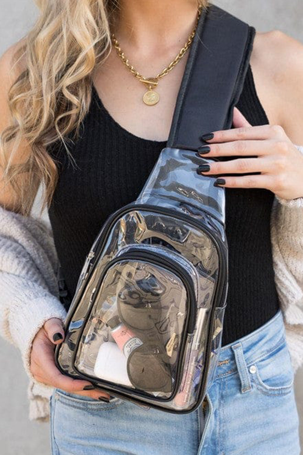 Sac bandoulière en PVC transparent à large sangle et fermeture éclair