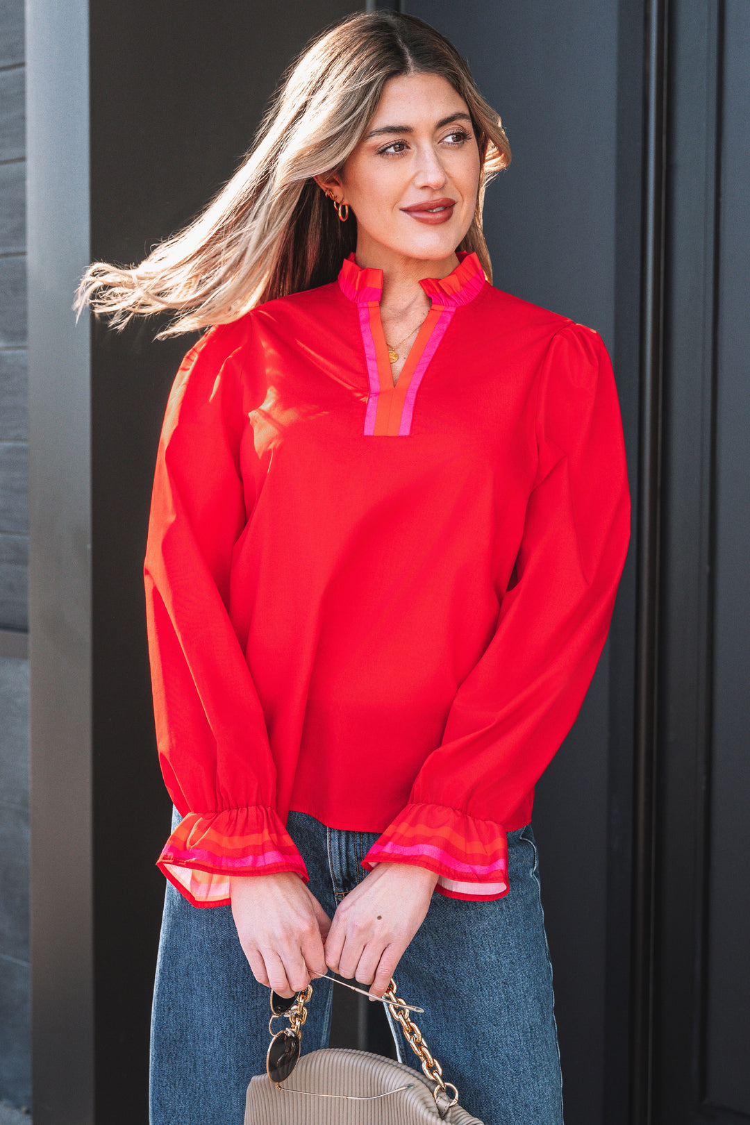 Striped Trim Ruffle Split Neck Long Sleeve Blouse