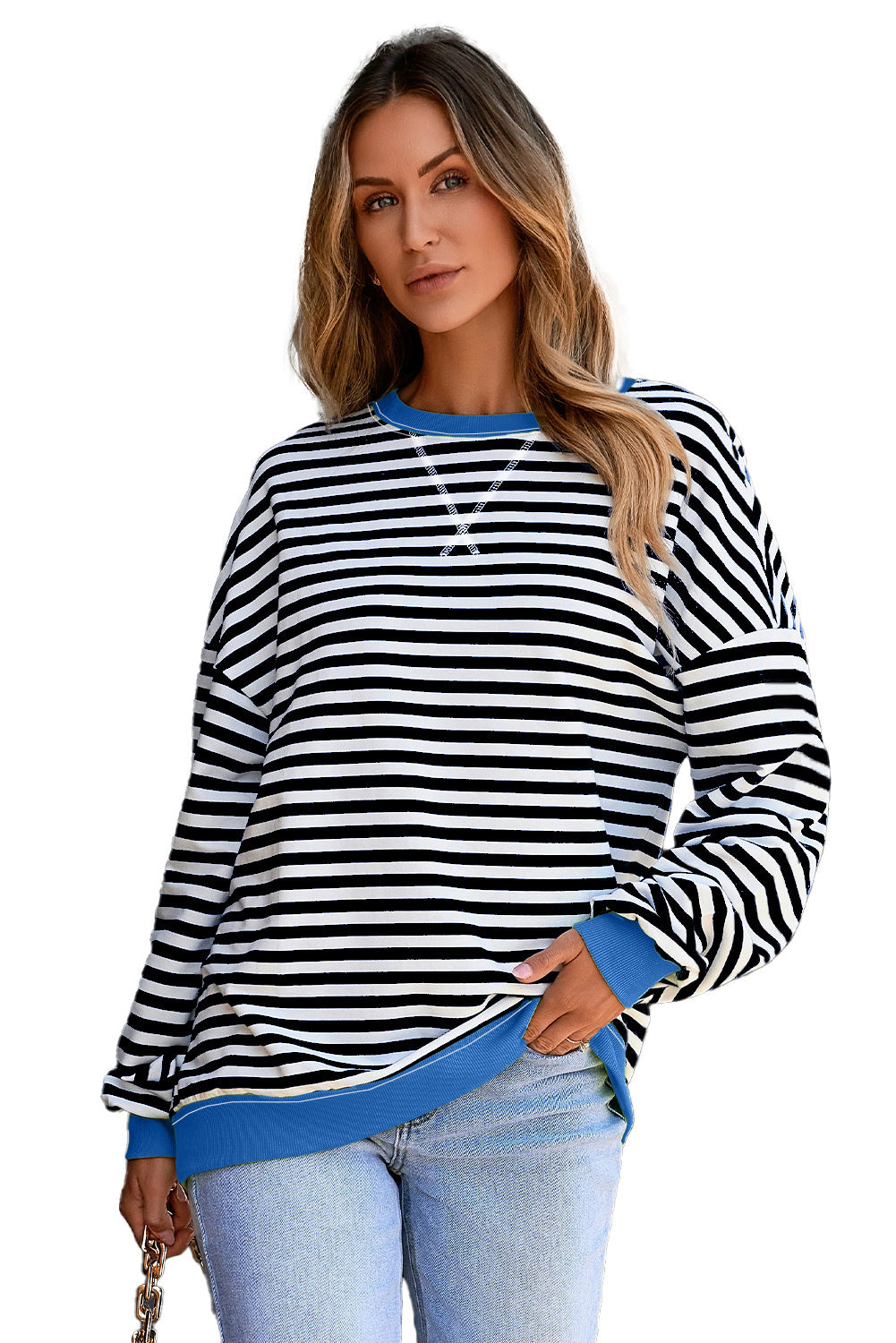 Striped Contrast Ribbed Trim Crossed Stitch Drop Shoulder Sweatshirt