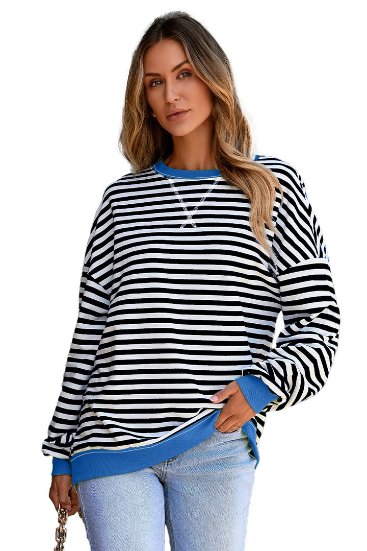 Striped Contrast Ribbed Trim Crossed Stitch Drop Shoulder Sweatshirt