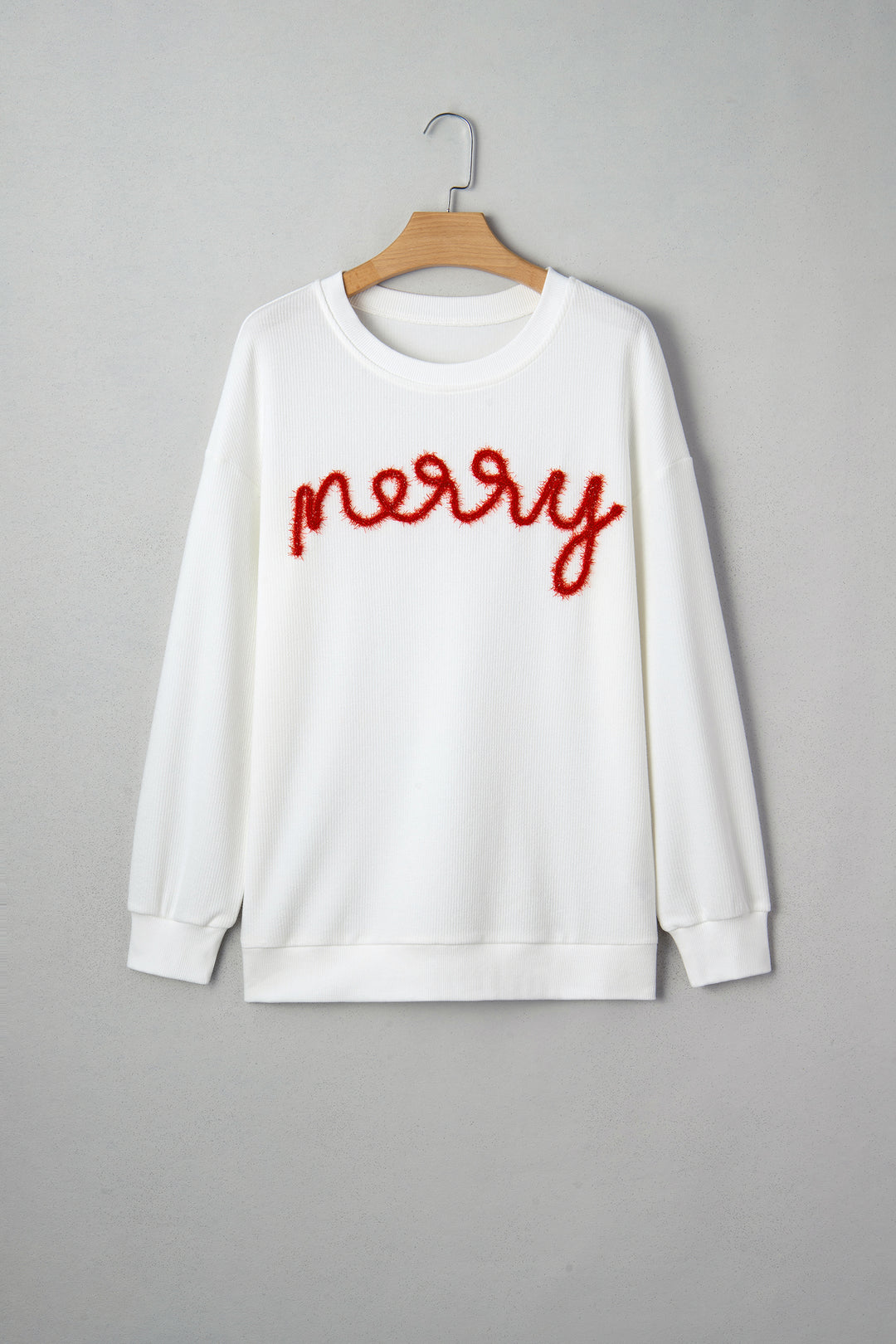 Merry Tinsel Letter Embroidery Ribbed Drop Shoulder Sweatshirt