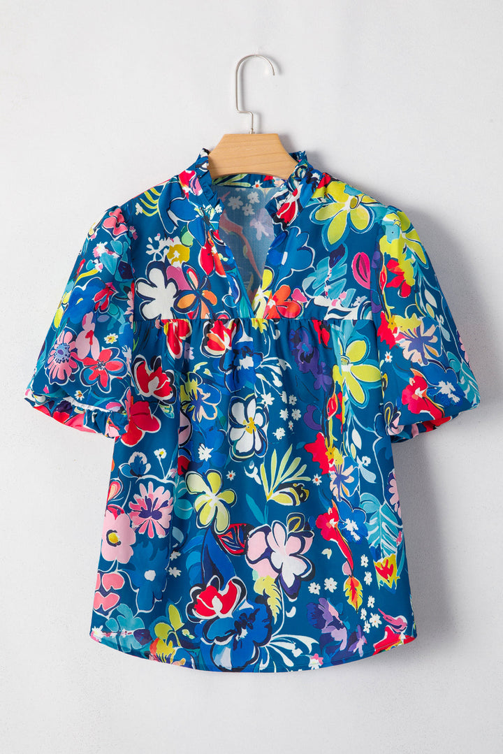 flower print collared v neck puff short sleeve loose blouse