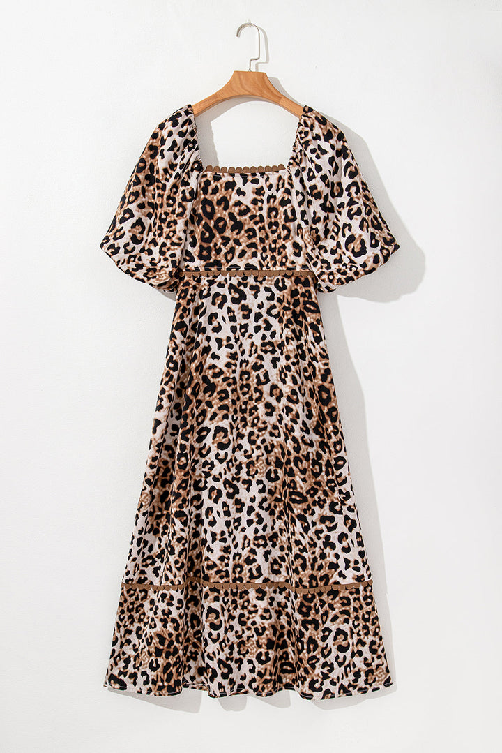 Leopard Print Bubble Sleeve Square Neck Maxi Dress