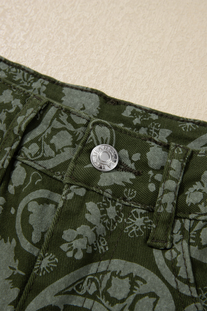 Green Paisley Print Harem Denim Pants