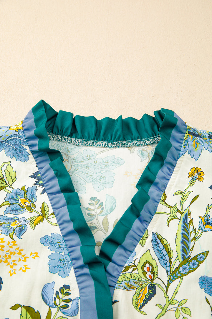 Sky Blue Plus Size Frilled V Neck Short Sleeve Floral Blouse