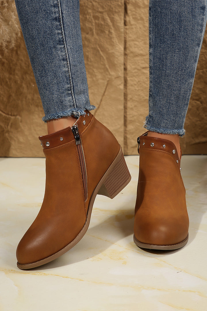 Studded Faux Leather Chunky Heel Ankle Boots