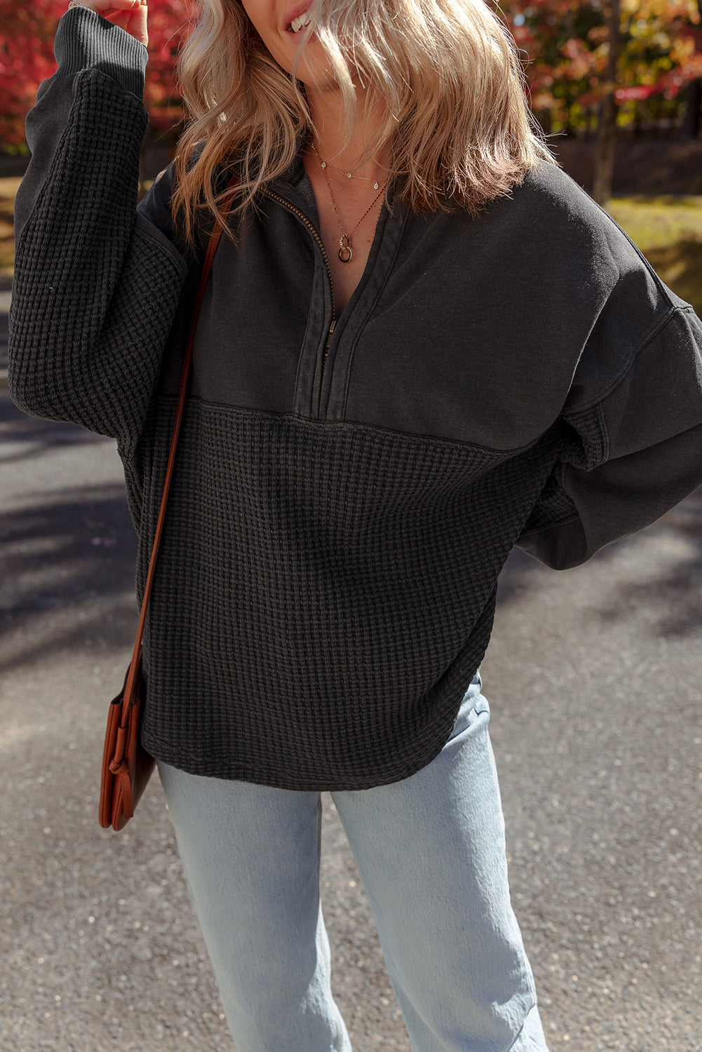 Waffle Knit Patchwork Half Zipped Casual Sweatshirt