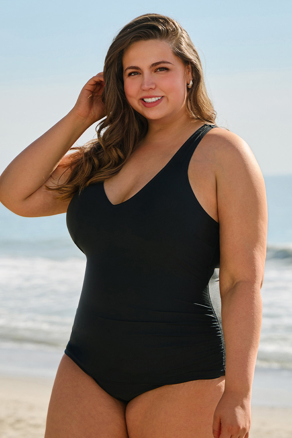 Solid Color U Neck Padded Plus Size One Piece Swimsuit