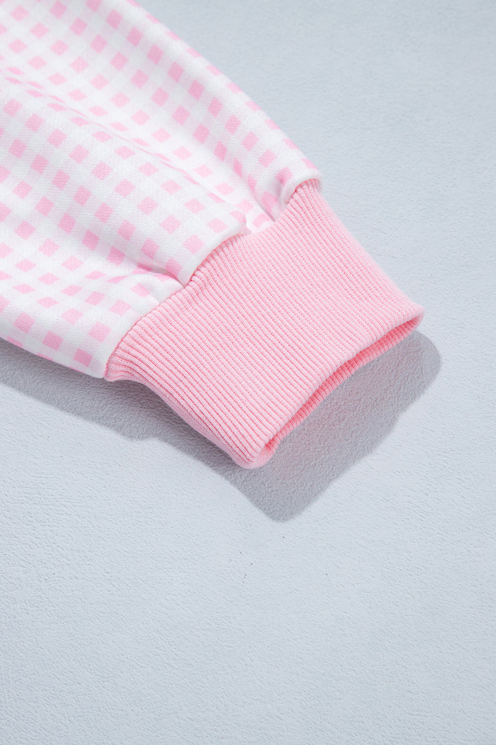 Pink Plaid Sleeve Colorblock Loose Tunic Sweatshirt