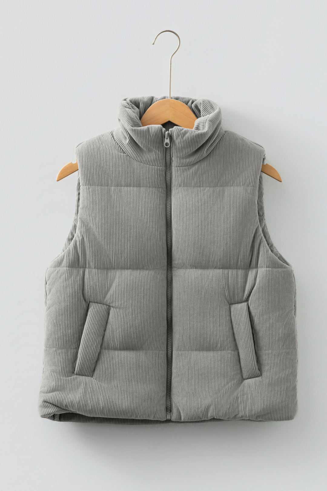 Gray Corduroy Stand Neck Zipped Puffer Vest