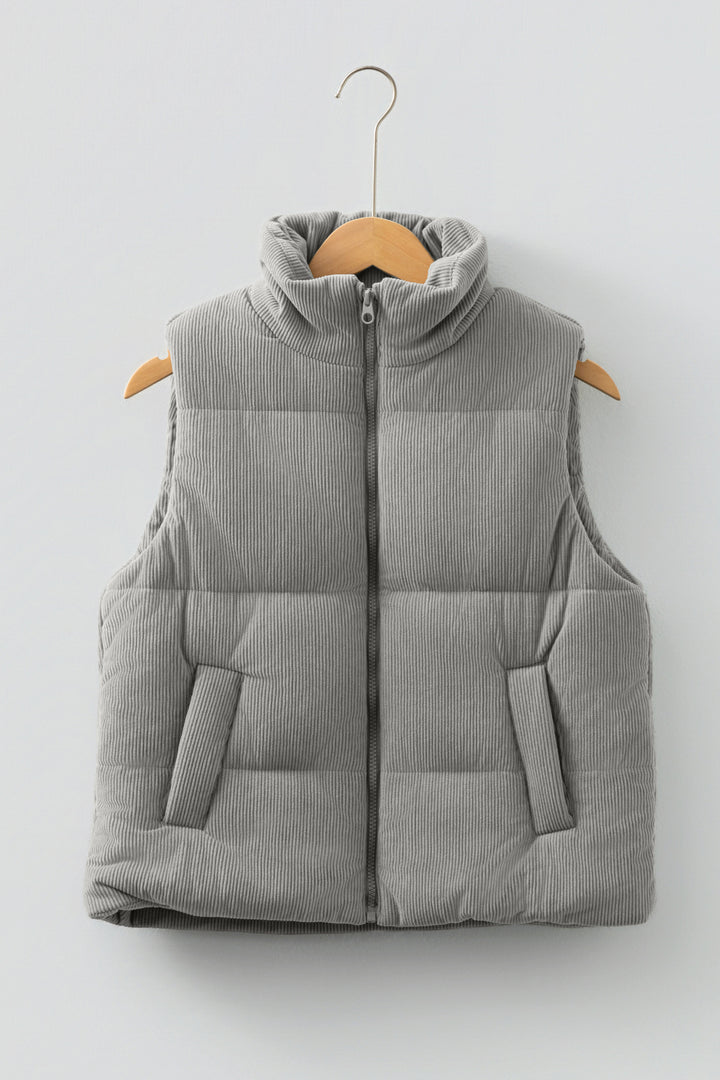 Gray Corduroy Stand Neck Zipped Puffer Vest