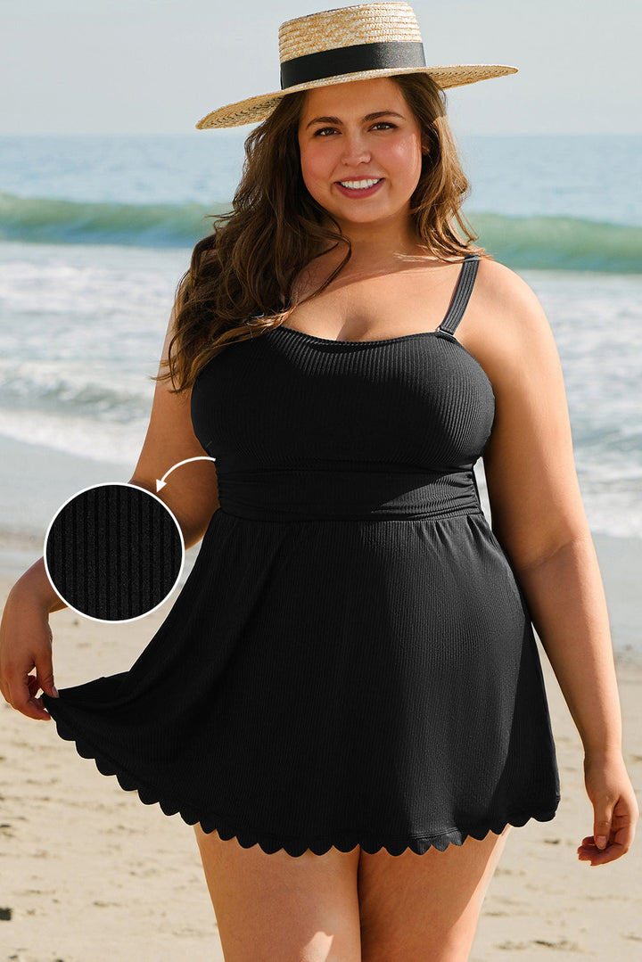 Plus Size Textured Scalloped Trim Swim Dress with Panty