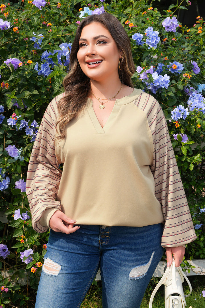 Parchment Striped Notched Neck Raw Edge Plus Size Jumper