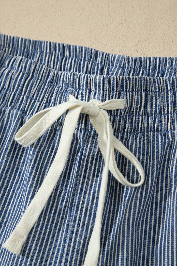 Blue Stripe Drawstring Elastic Waist Casual Denim Shorts
