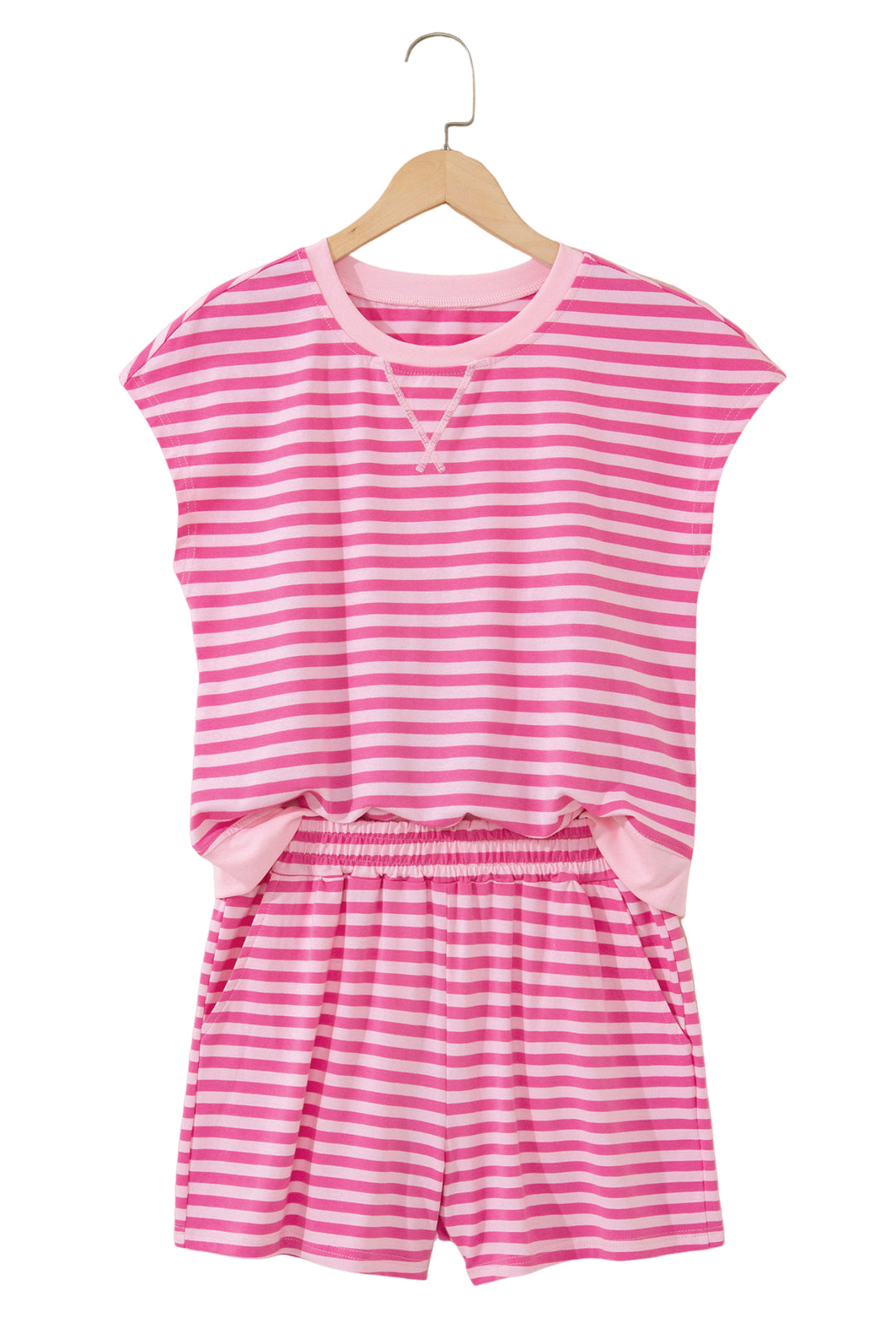 Pink Stripe Cap Sleeve Tee Elastic Waist Shorts 2pcs Outfit