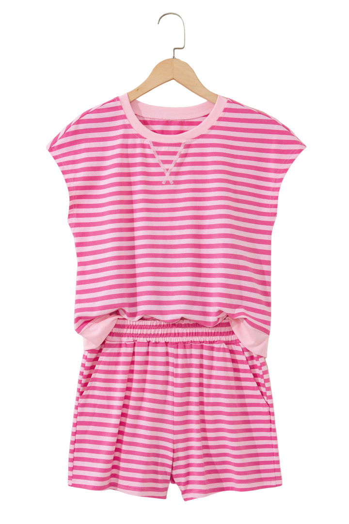Pink Stripe Cap Sleeve Tee Elastic Waist Shorts 2pcs Outfit