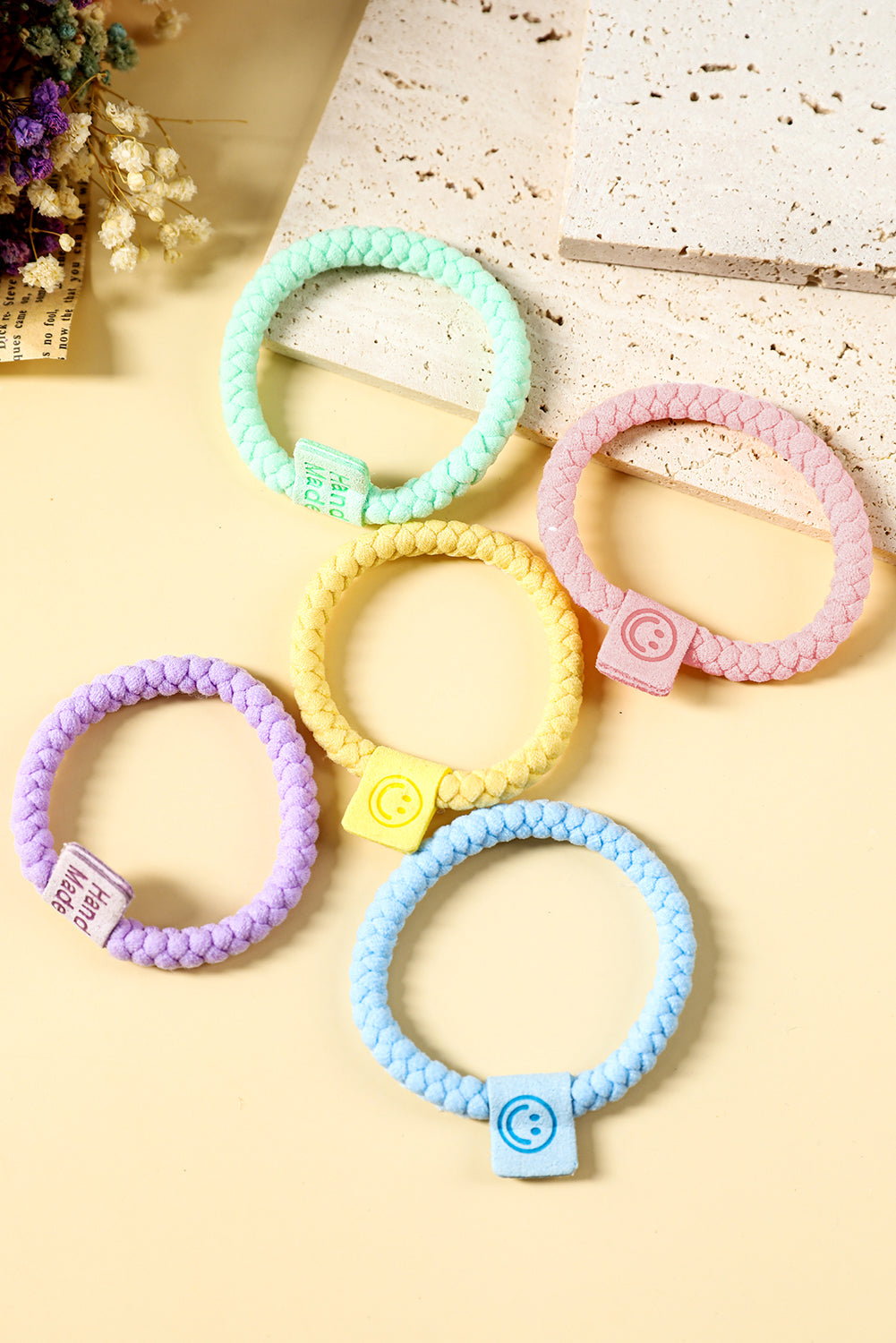 Lot de 5 élastiques à cheveux tressés avec languette Smile Face