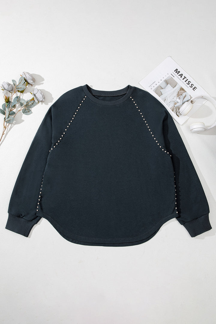 Black Studded Decor Ribbed Edge Mineral Wash Plus Size Jumper