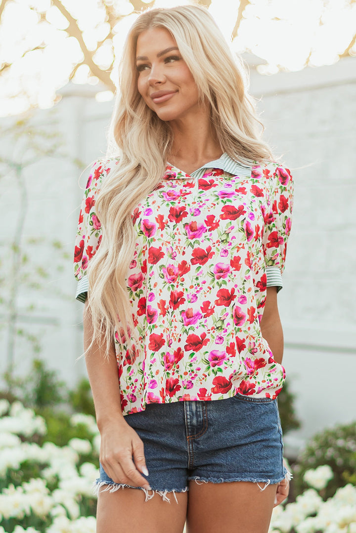 floral print striped patchwork collared short sleeve blouse