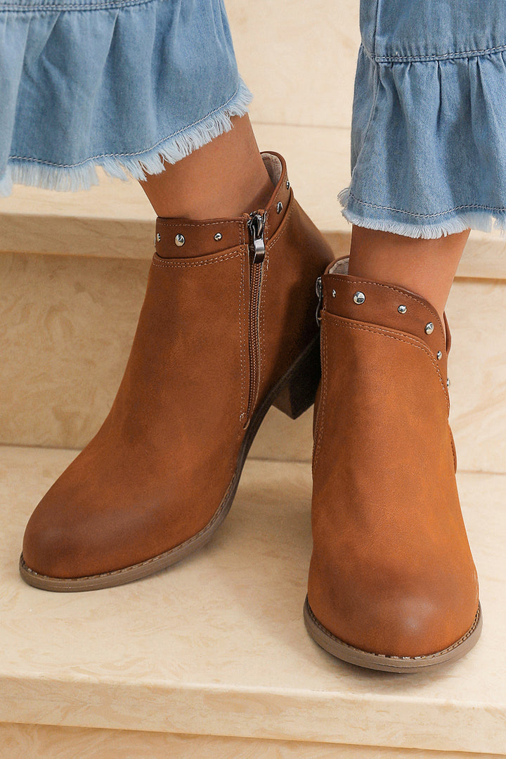 Studded Faux Leather Chunky Heel Ankle Boots