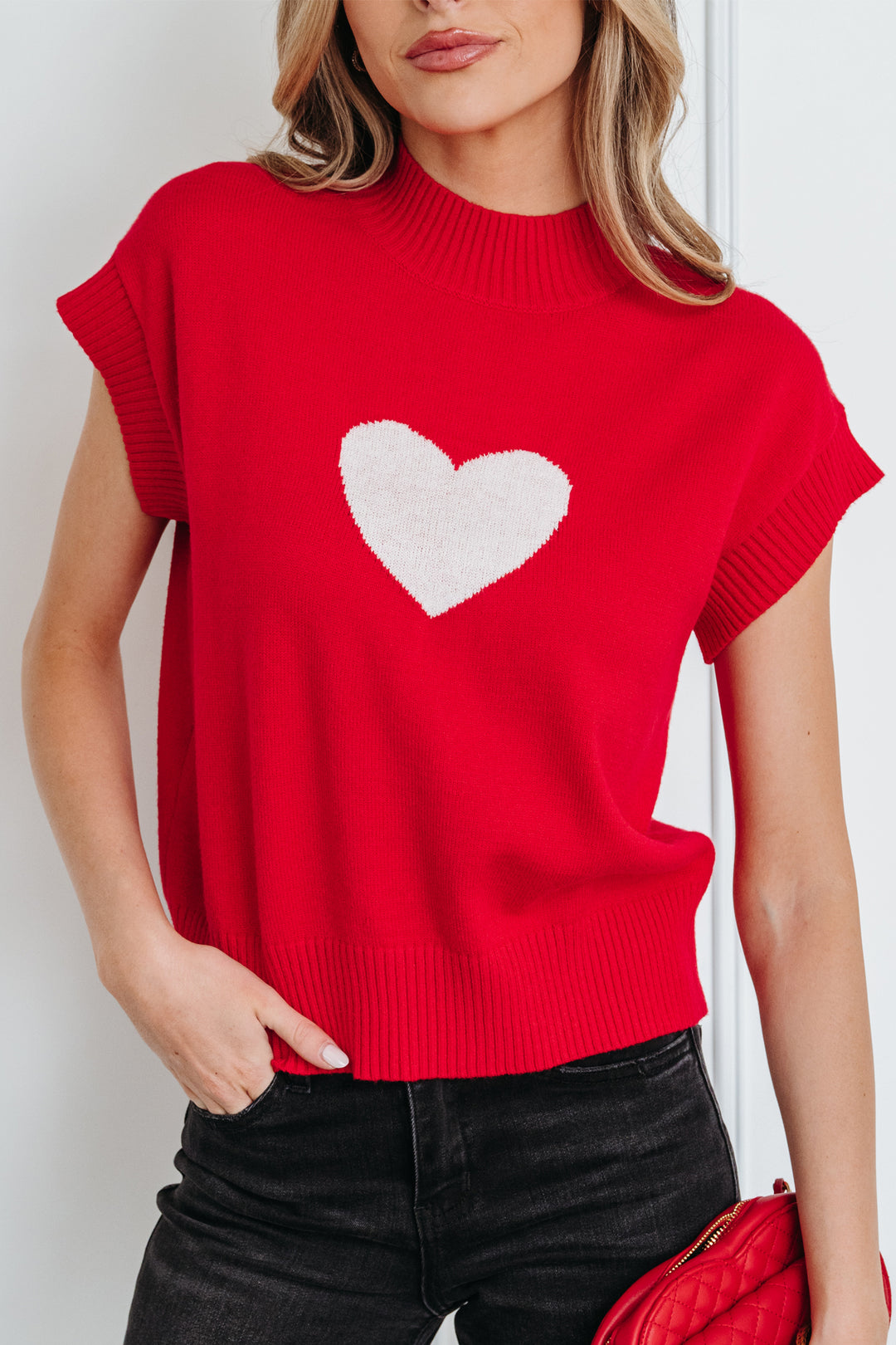Valentine Heart Graphic Cropped Short Sleeve Sweater