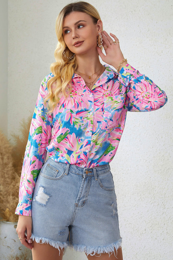 Pink Abstract Floral Print Buttoned Sheath Long Sleeve Shirt