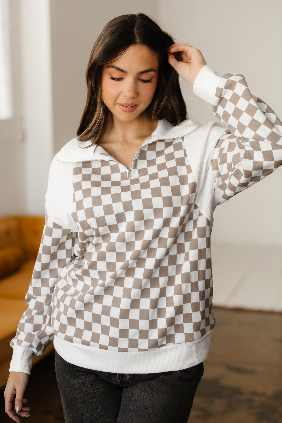 Checkered Print Quarter Zip Ribbed Patchwork Loose Sweatshirt