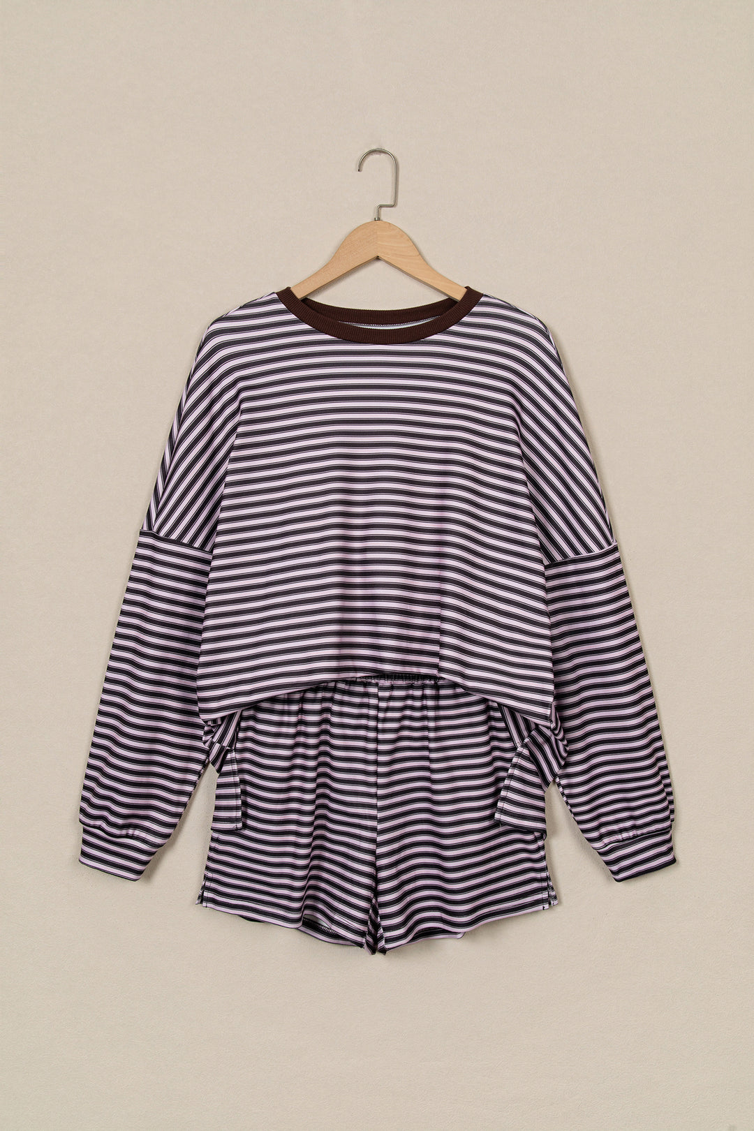 Brown Stripe Long Sleeve Oversized Top Pocketed Casual Shorts Two Piece Set