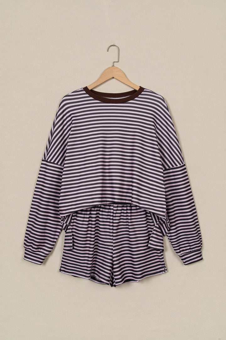 Brown Stripe Long Sleeve Oversized Top Pocketed Casual Shorts Two Piece Set