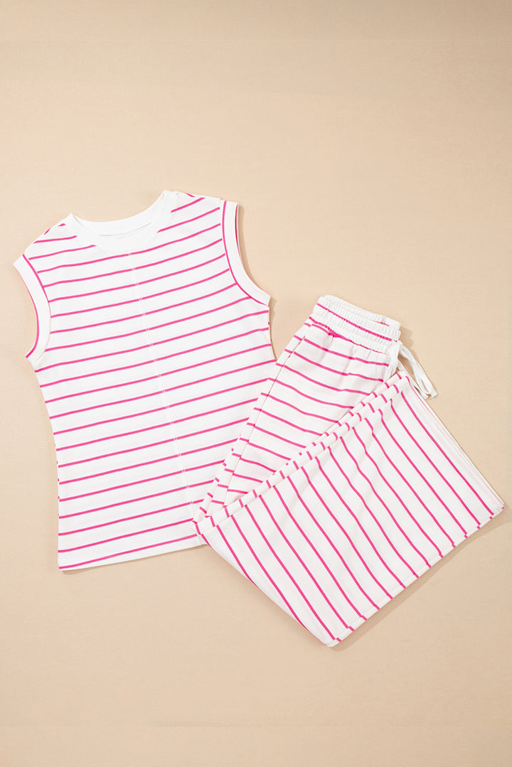 Rose Stripe Casual Wide Leg 2pcs Pants Set