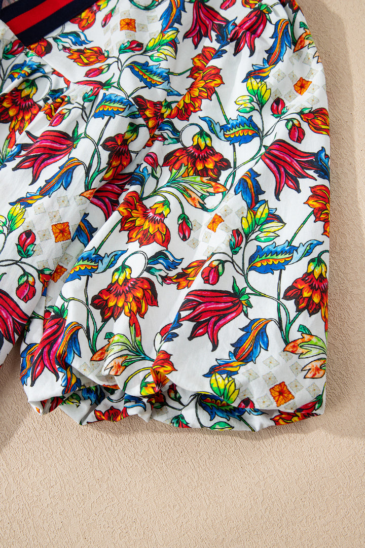 Contrasted V Neckline Floral Puff Short Sleeve Blouse
