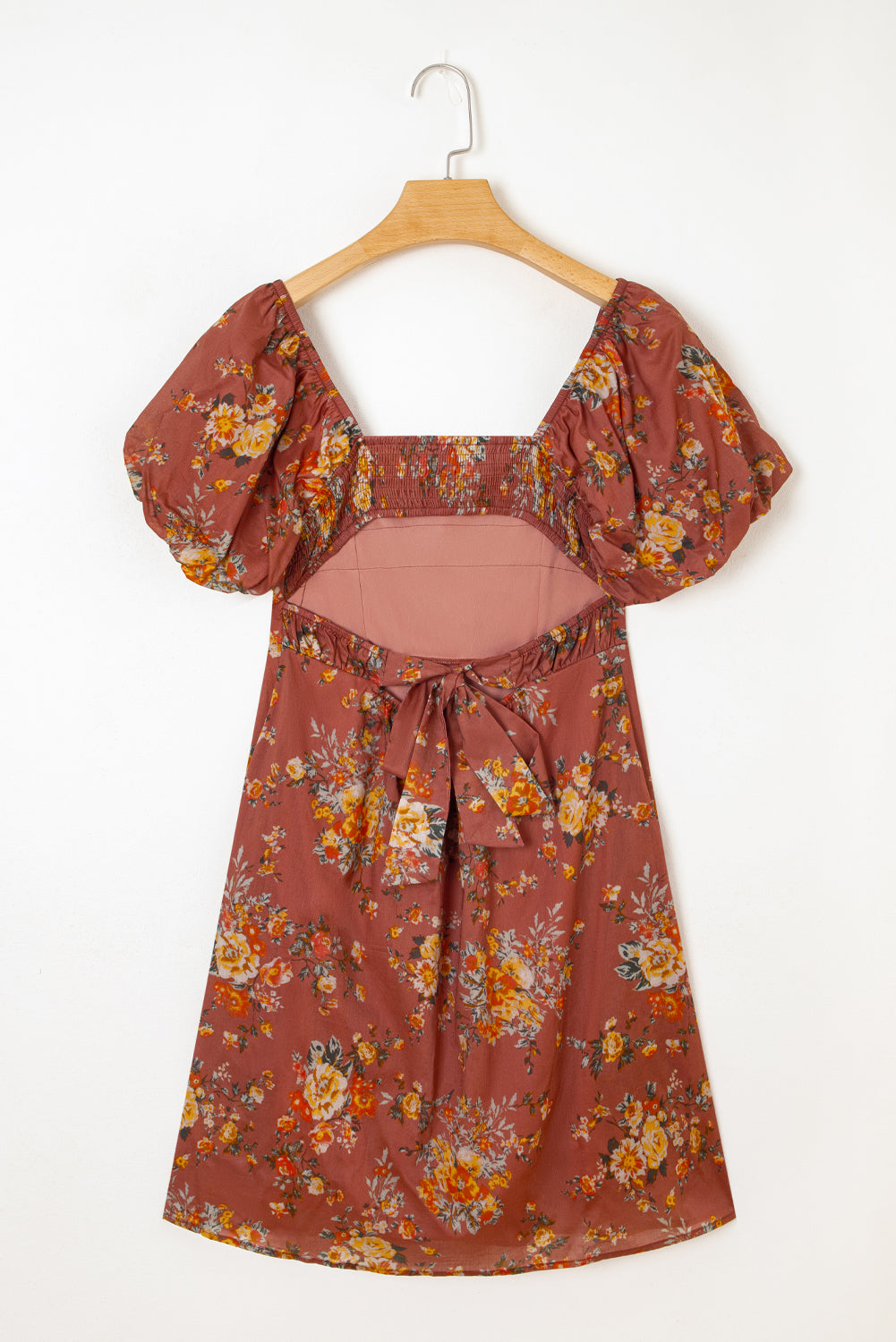 floral puff sleeve square neck knot open back mini dress