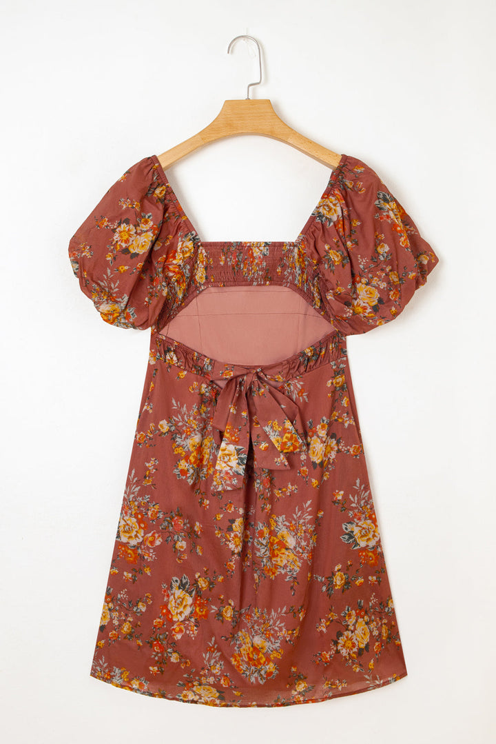 floral puff sleeve square neck knot open back mini dress