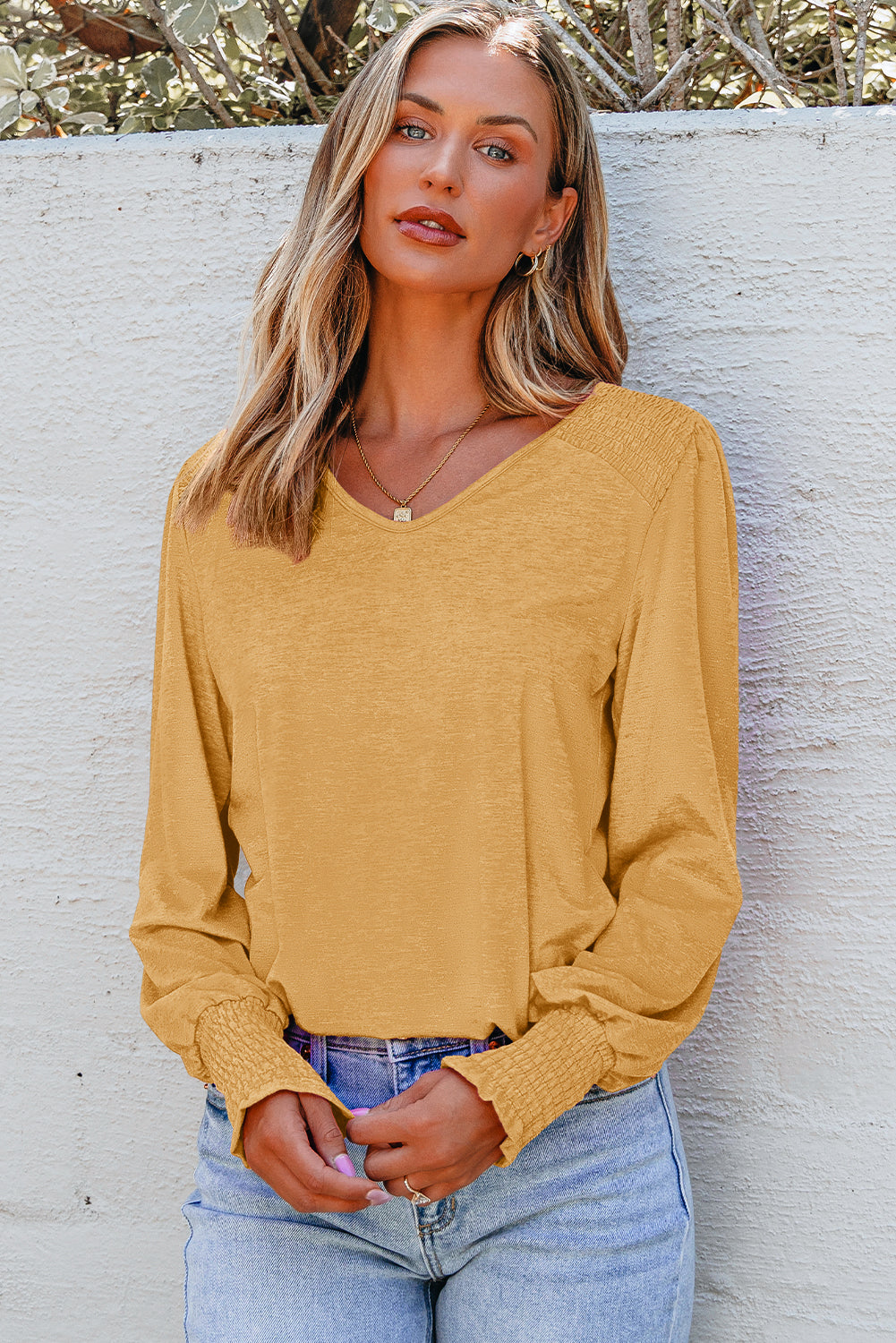 Shirred Shoulder Frilled Cuffs Long Sleeve Top